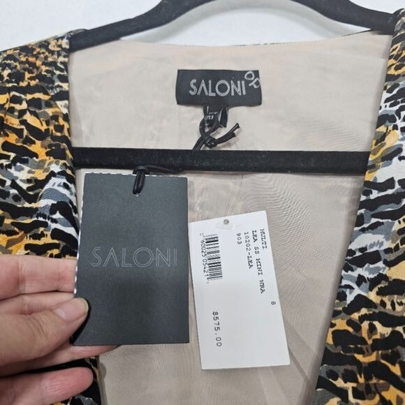 SALONI Ink Tiger Animal Print Black Lea Silk Crepe Wrap Dress 8 - Picture 4 of 14